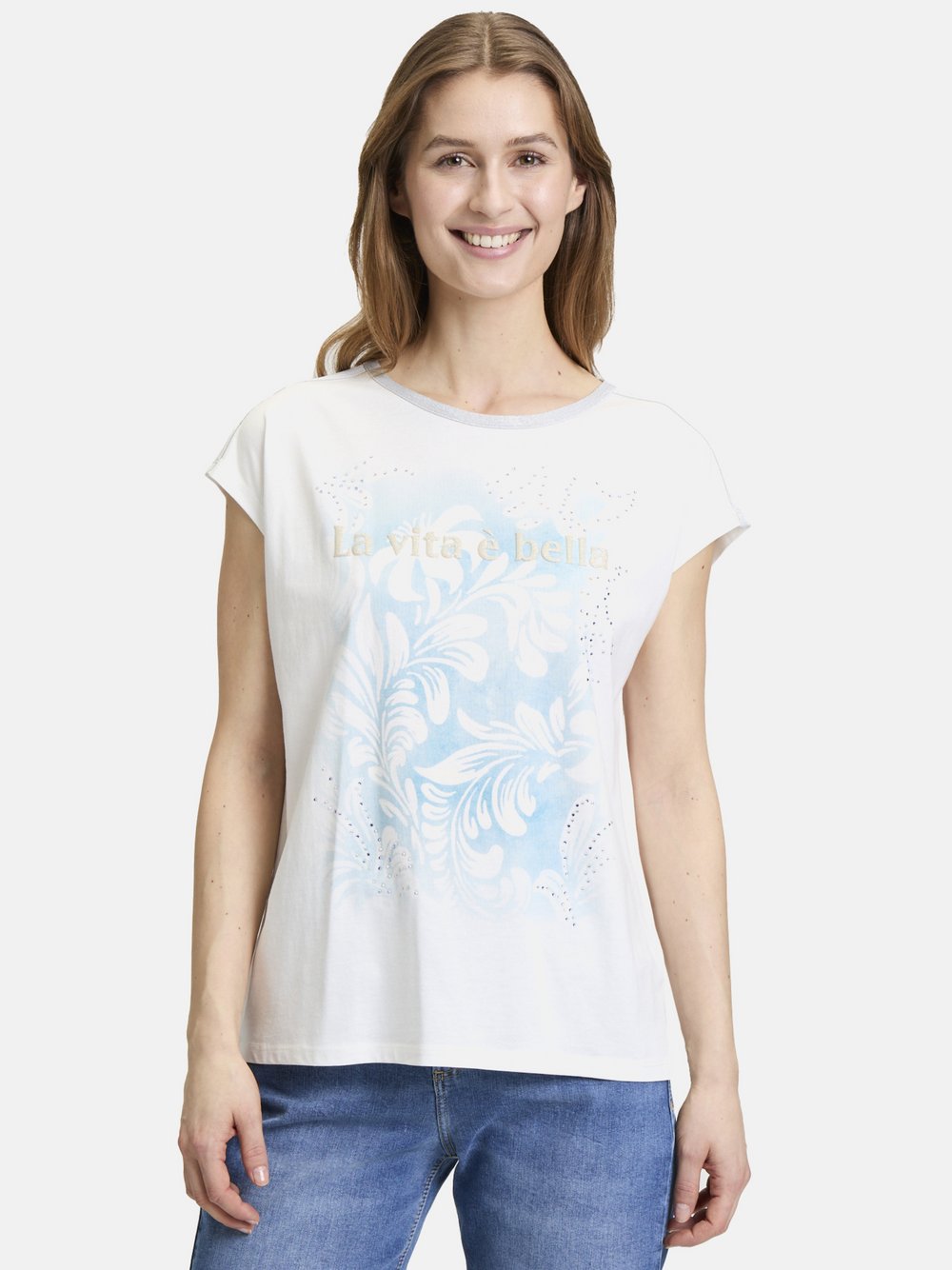 Cartoon Rundhals-Shirt Damen Baumwolle weiß bedruckt, 34