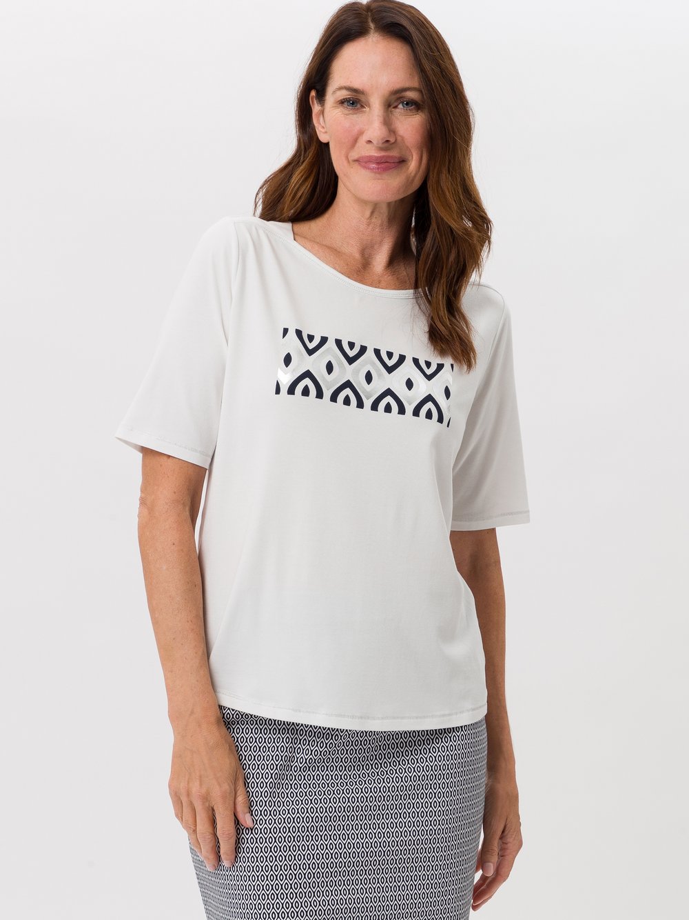 Frank Walder Kurzarmshirt Damen Modal weiß bedruckt, 50