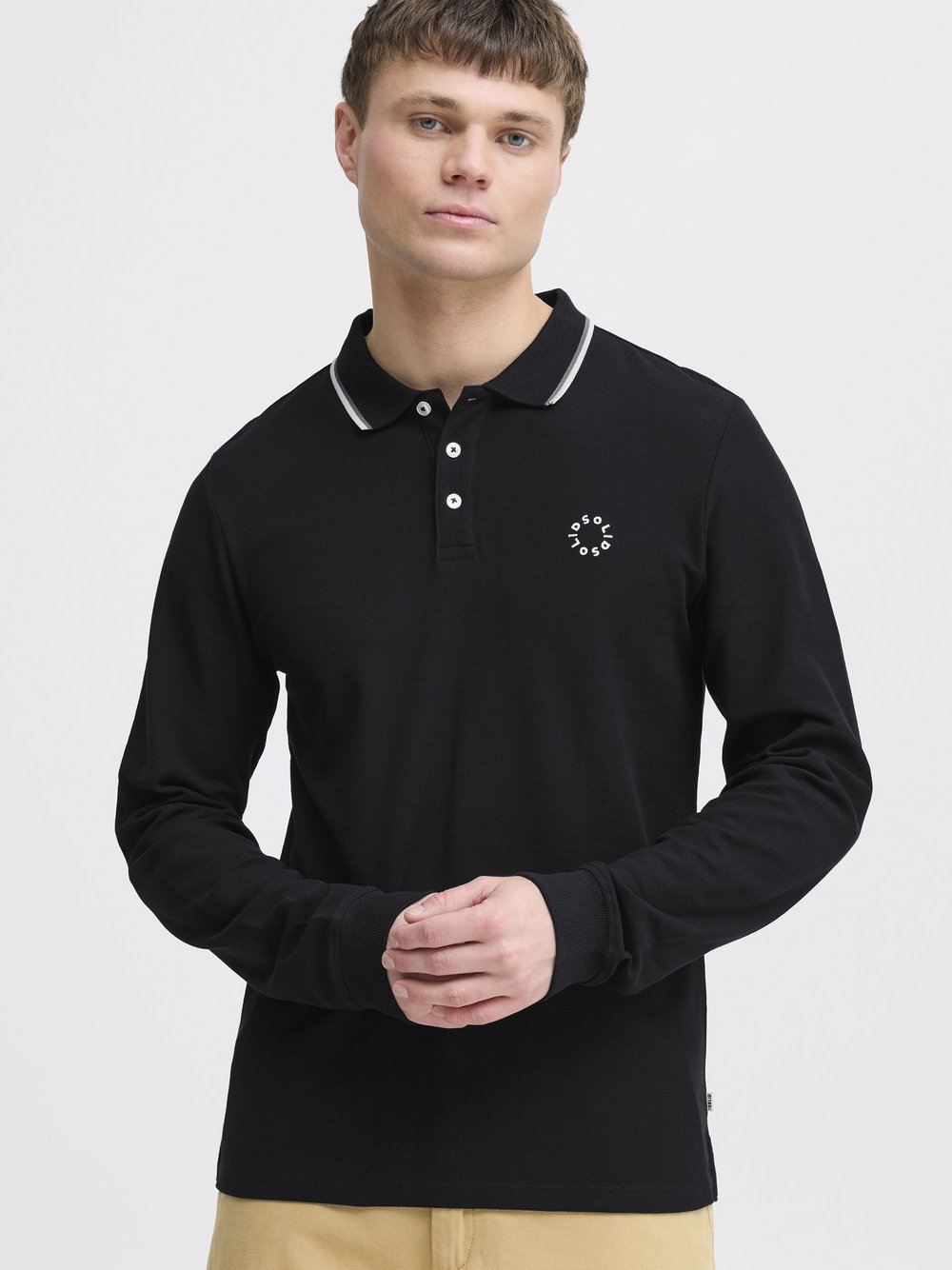 Solid Langarm-Poloshirt Herren Baumwolle schwarz, S