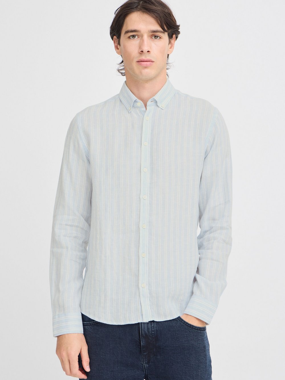 Thumbnail - CASUAL FRIDAY Langarmhemd Herren Regular Fit Leinen blau gestreift, XL