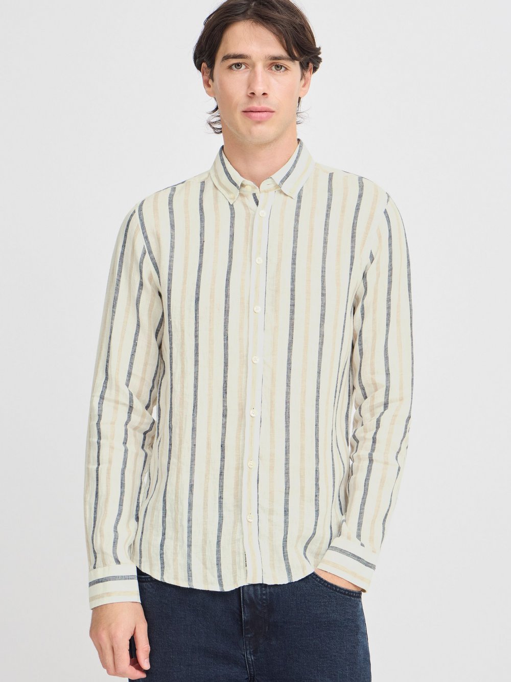Thumbnail - CASUAL FRIDAY Langarmhemd Herren Regular Fit Leinen beige gestreift, M