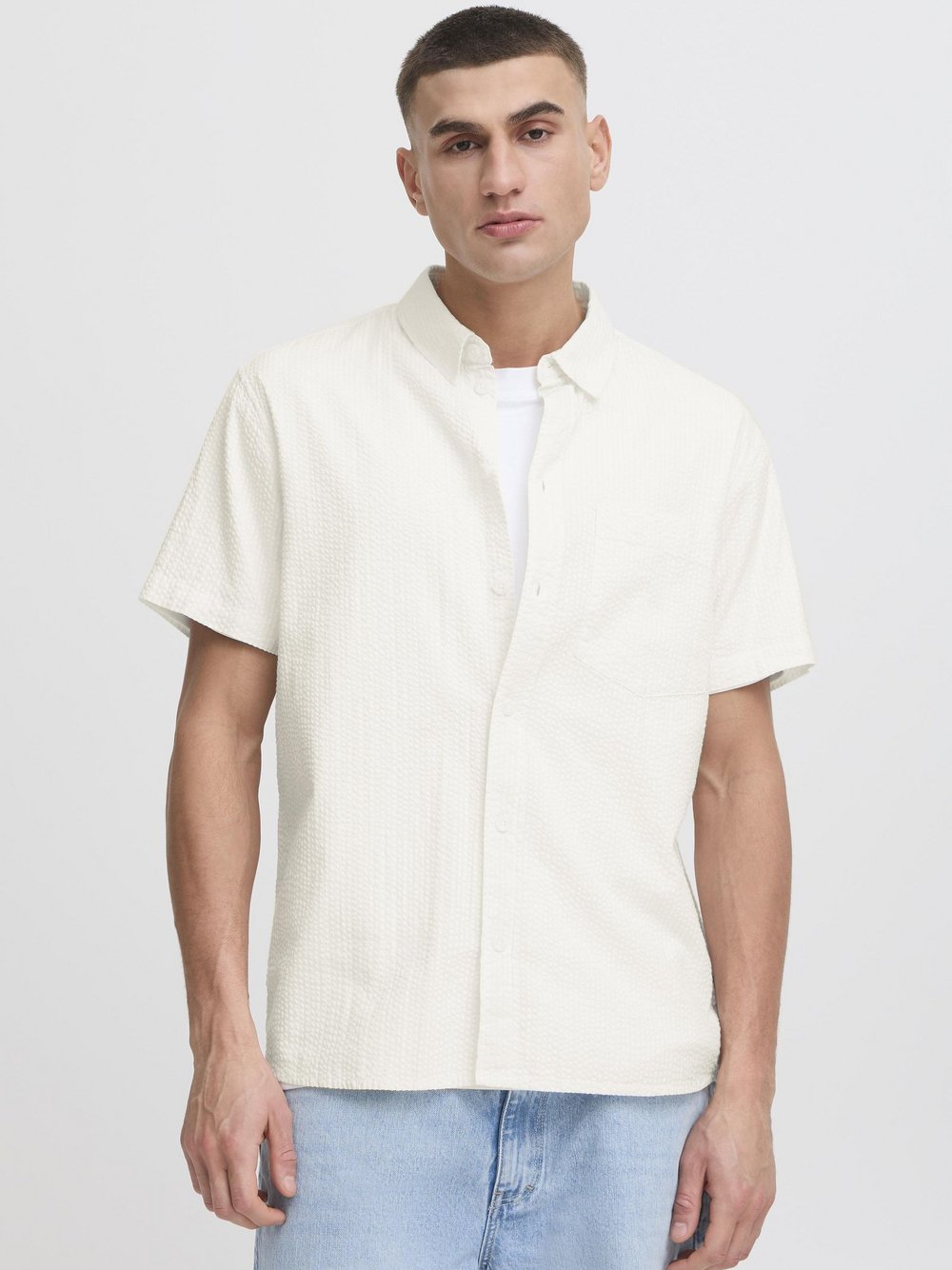 Solid Kurzarmhemd Herren Baumwolle weiß strukturiert, S