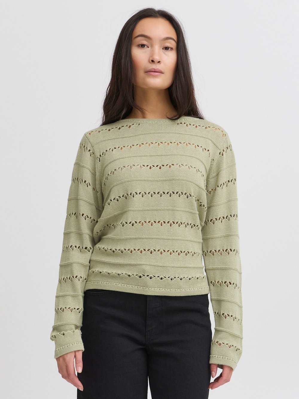 Thumbnail - Ichi Strickpullover Damen Baumwolle grün strukturiert, L