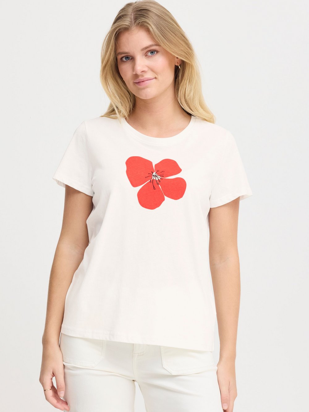 fransa Rundhalsshirt Damen Baumwolle rot bedruckt, L