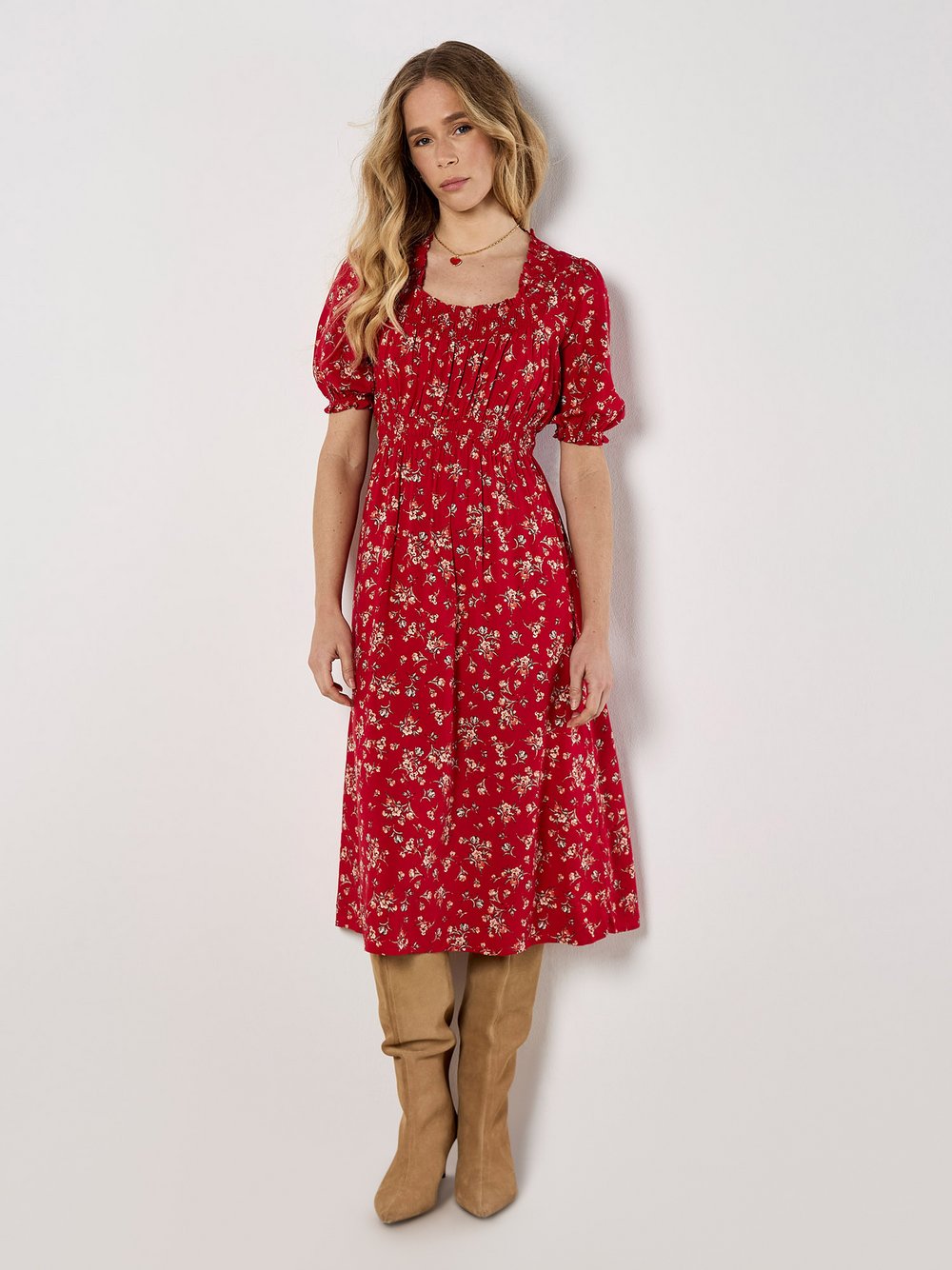 Apricot Midikleid Damen Viskose rot gemustert, 42