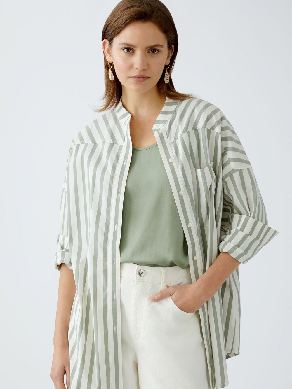 Oui Bluse Damen Baumwolle grün gestreift, 42