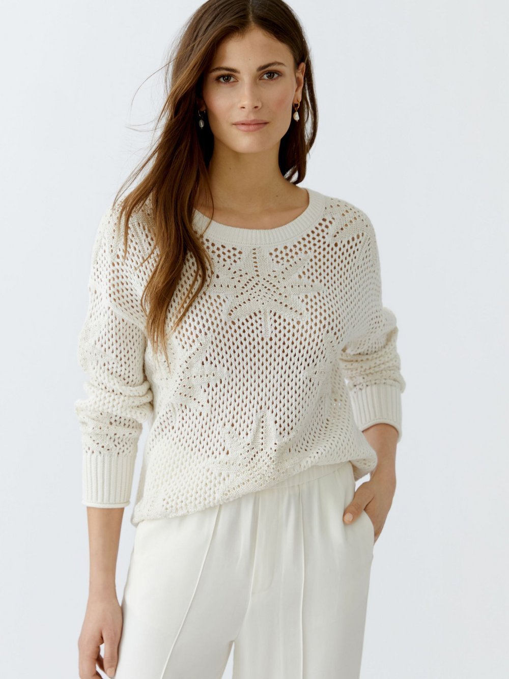 Thumbnail - Oui Pullover Damen Baumwolle weiß gemustert, 42