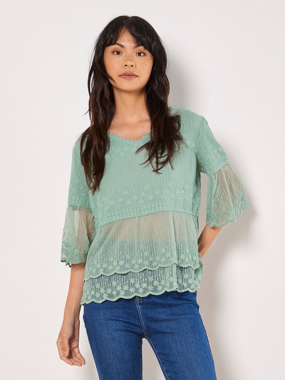 Apricot Bluse Damen Baumwolle grün gemustert, 36-38