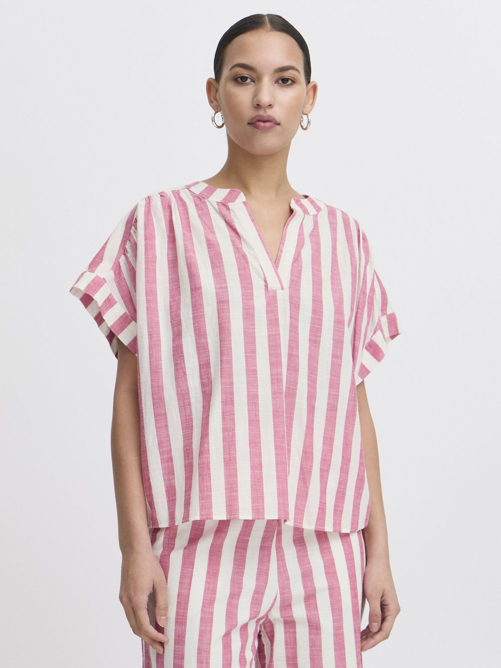 Ichi Kurzarmbluse Damen Baumwolle rosa gestreift, 38