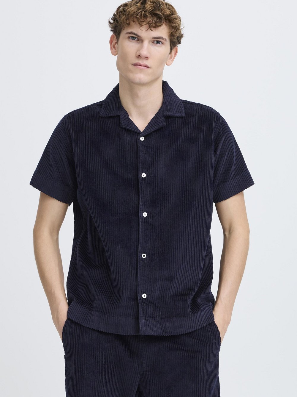 Kronstadt Kurzarmhemd Herren Comfort Fit Baumwolle blau strukturiert, M