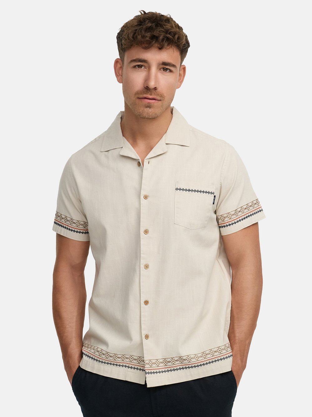 Indicode Hemd Kurzarm Herren Regular Fit Leinen beige bedruckt, XL