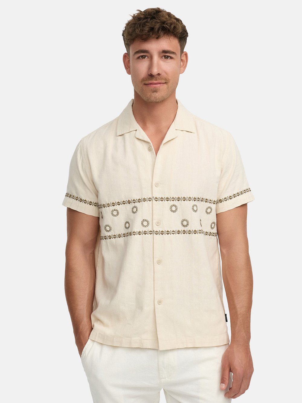 Indicode Hemd Kurzarm Herren Regular Fit Leinen beige bedruckt, M