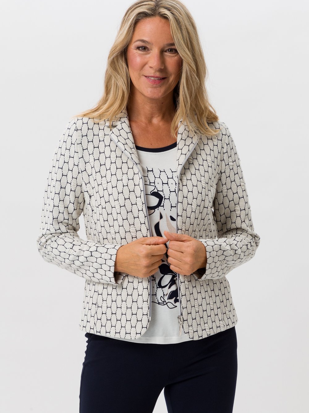 Frank Walder Jerseyblazer Damen Baumwolle weiß gemustert, 48