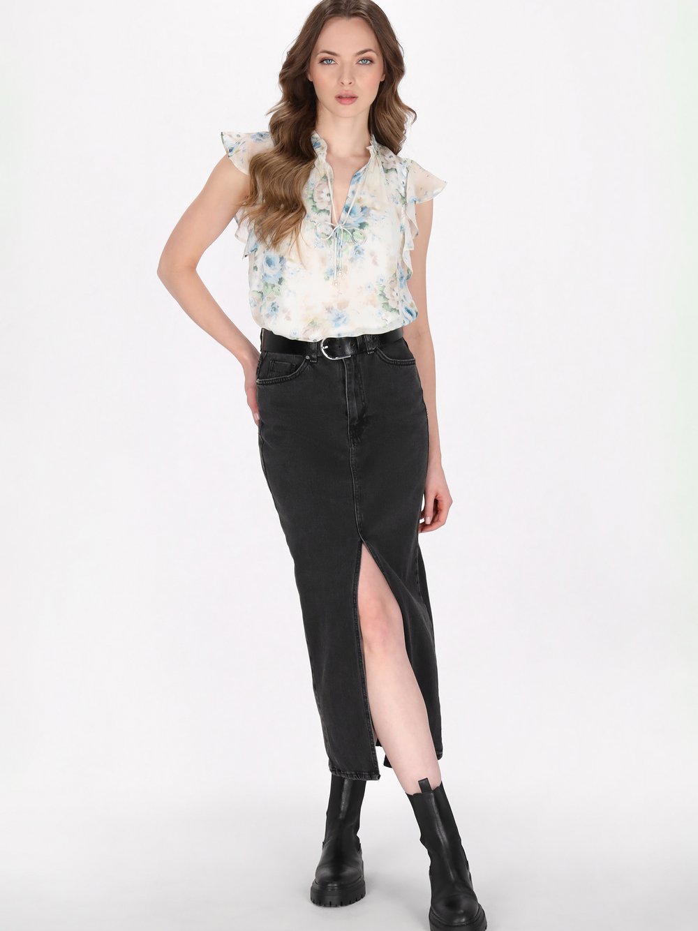 Dreimaster Bluse Damen blau bedruckt, XL