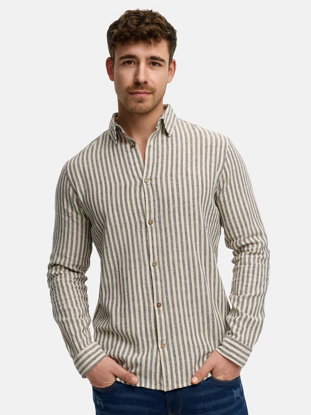 Indicode Hemd Langarm Herren Regular Fit Baumwolle blau gestreift, L