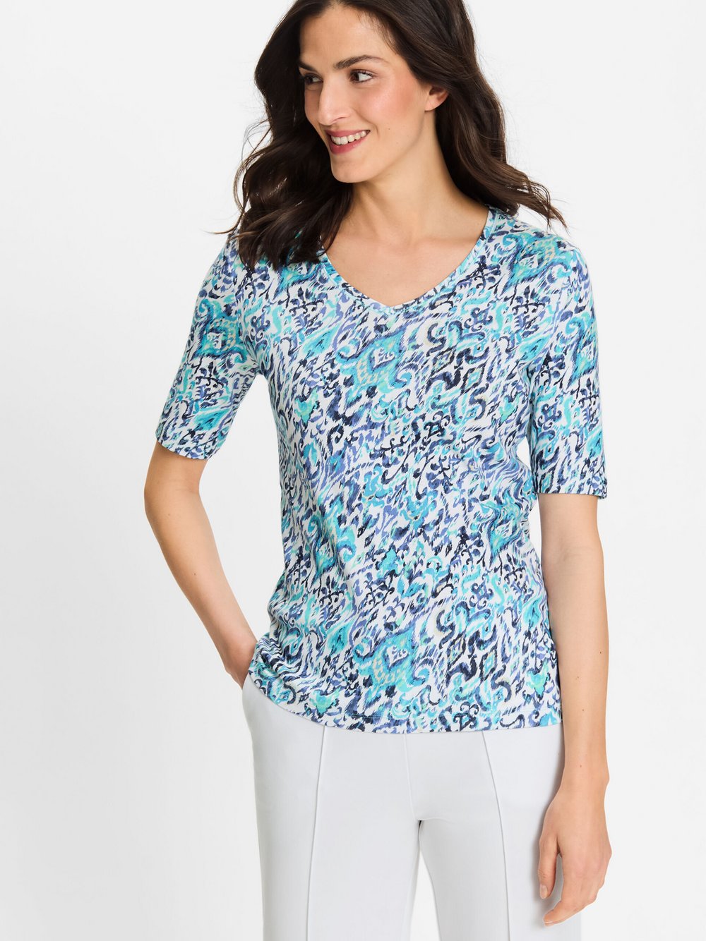 Olsen Shirt Damen Baumwolle blau bedruckt, 42