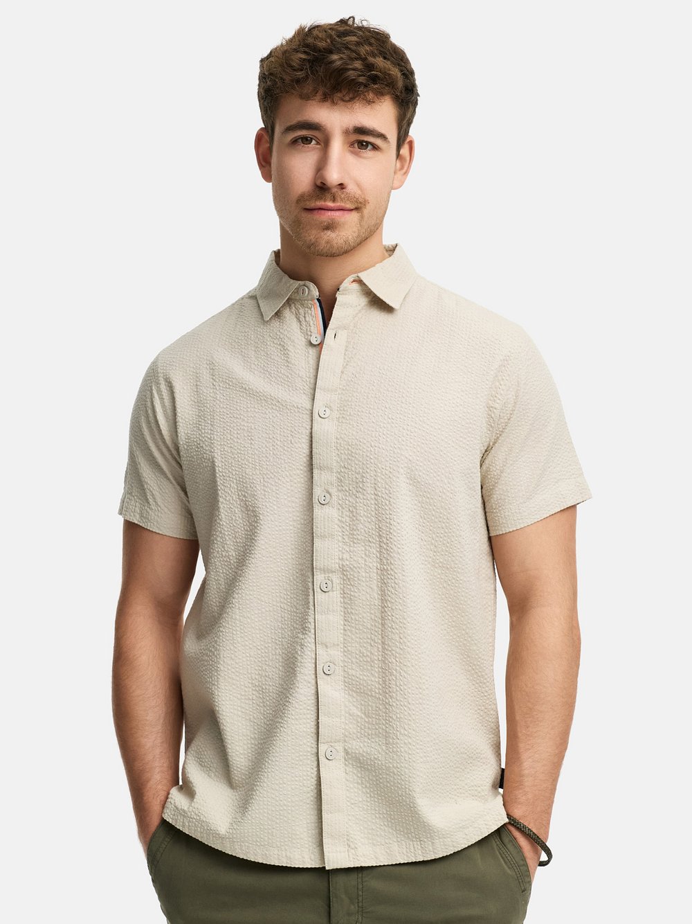 Indicode Hemd Kurzarm Herren Regular Fit Baumwolle beige gestreift, M