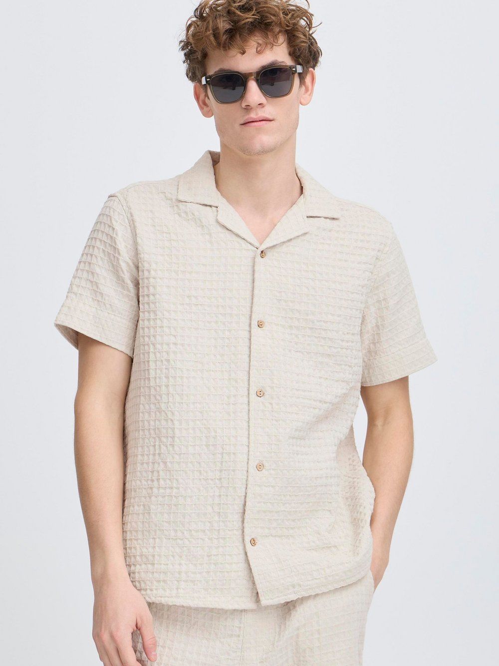 Thumbnail - Kronstadt Kurzarmhemd Herren Comfort Fit Baumwolle beige strukturiert, XXXL