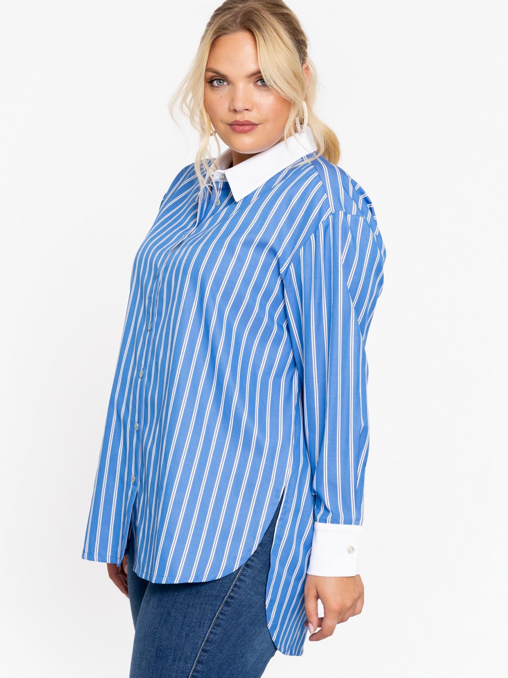 YOEK Bluse Damen Baumwolle blau gestreift, 54-56