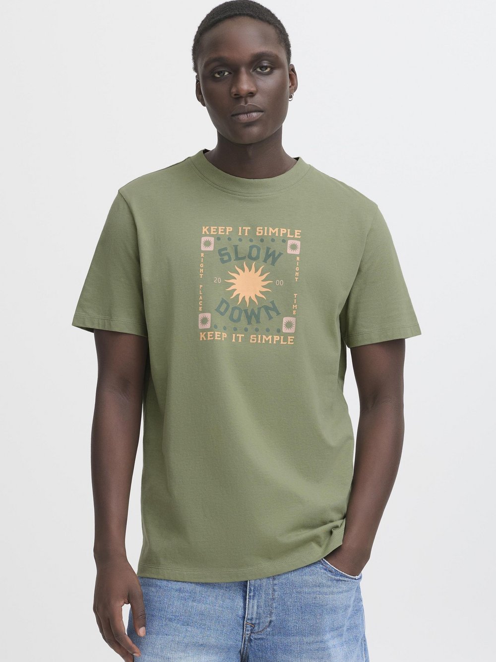 BLEND Rundhalsshirt Herren Baumwolle grün bedruckt, XL