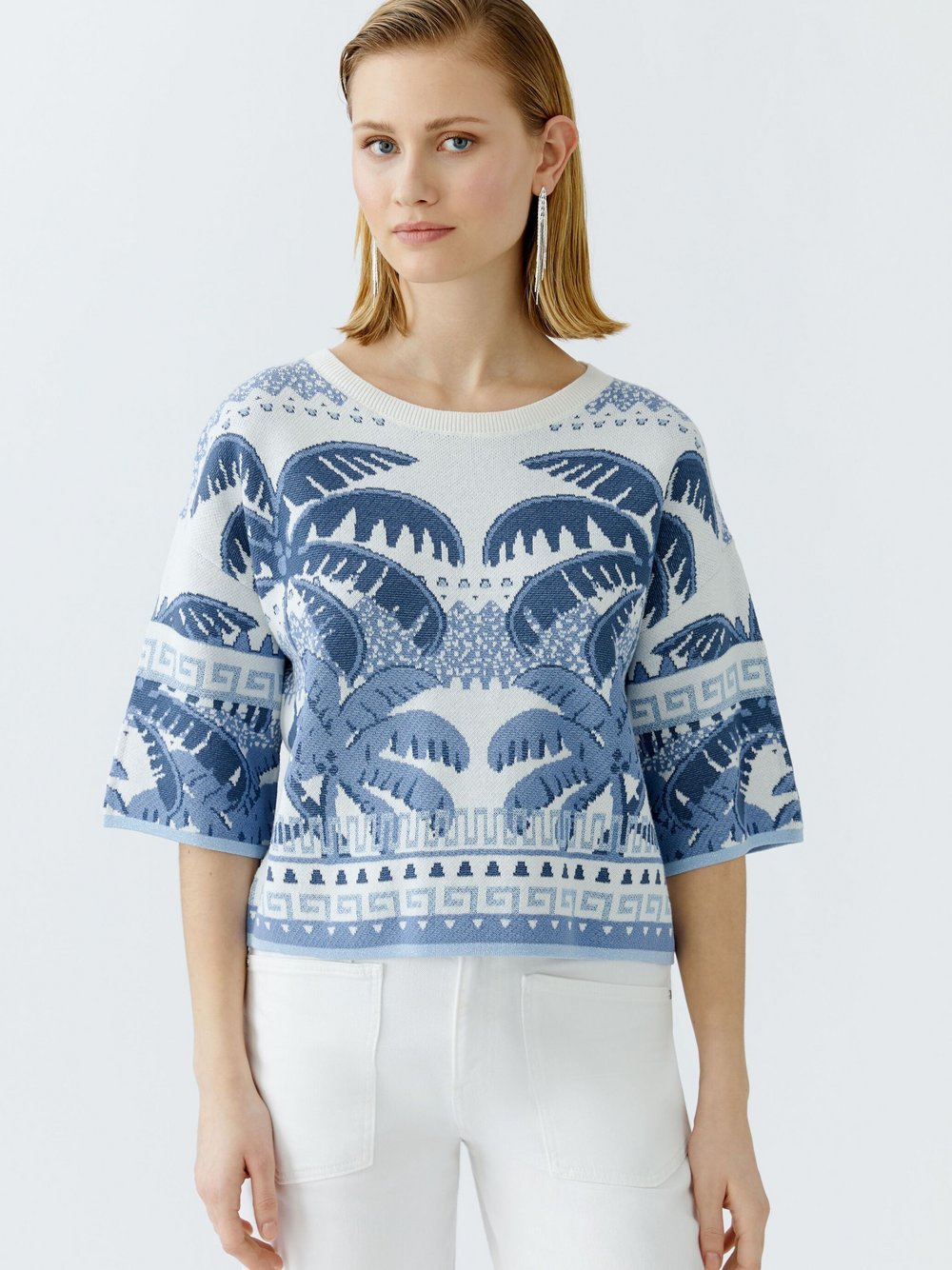 Oui Pullover Damen Baumwolle blau gemustert, 36