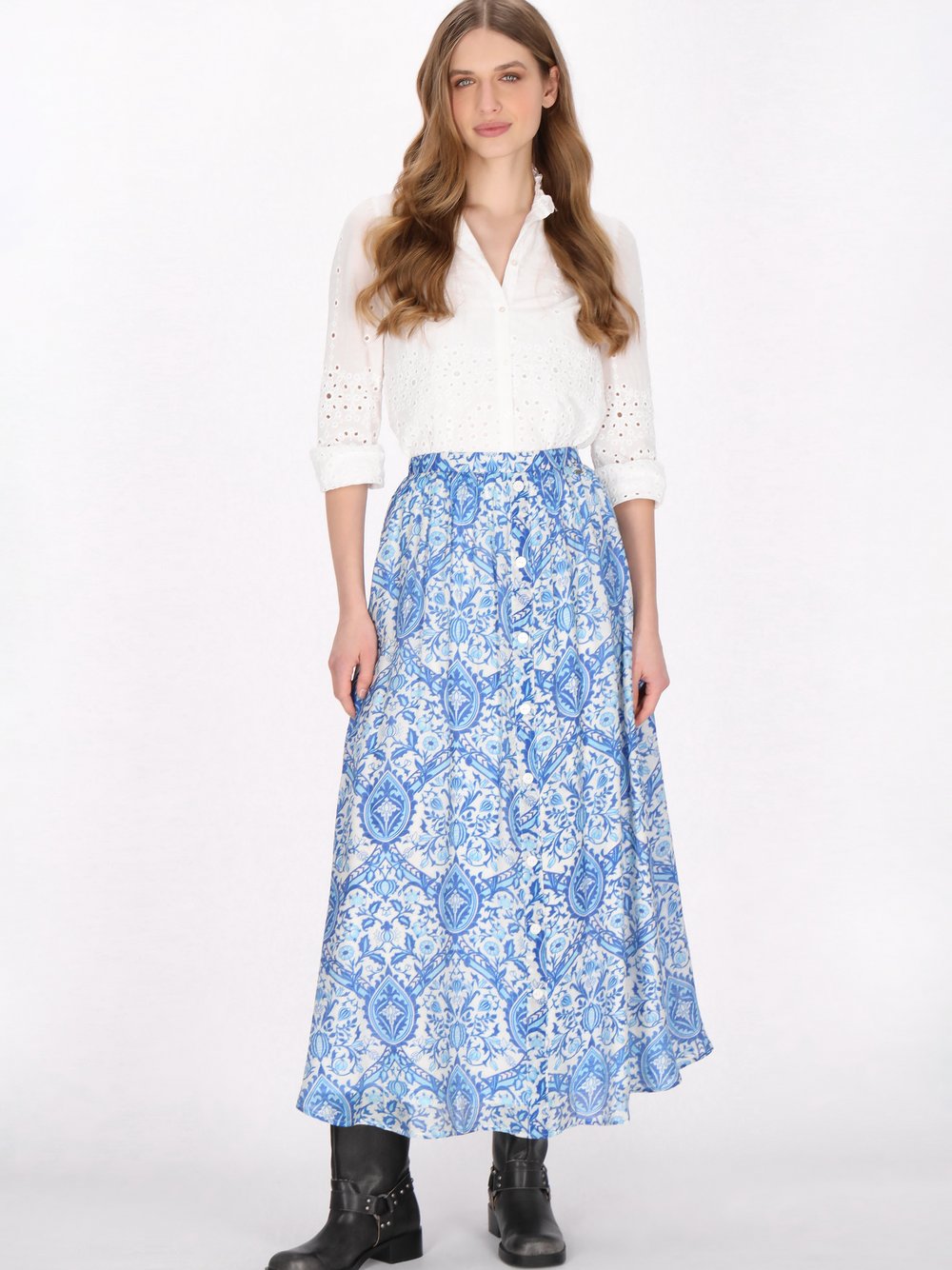 Dreimaster Rock Damen Viskose blau bedruckt, M