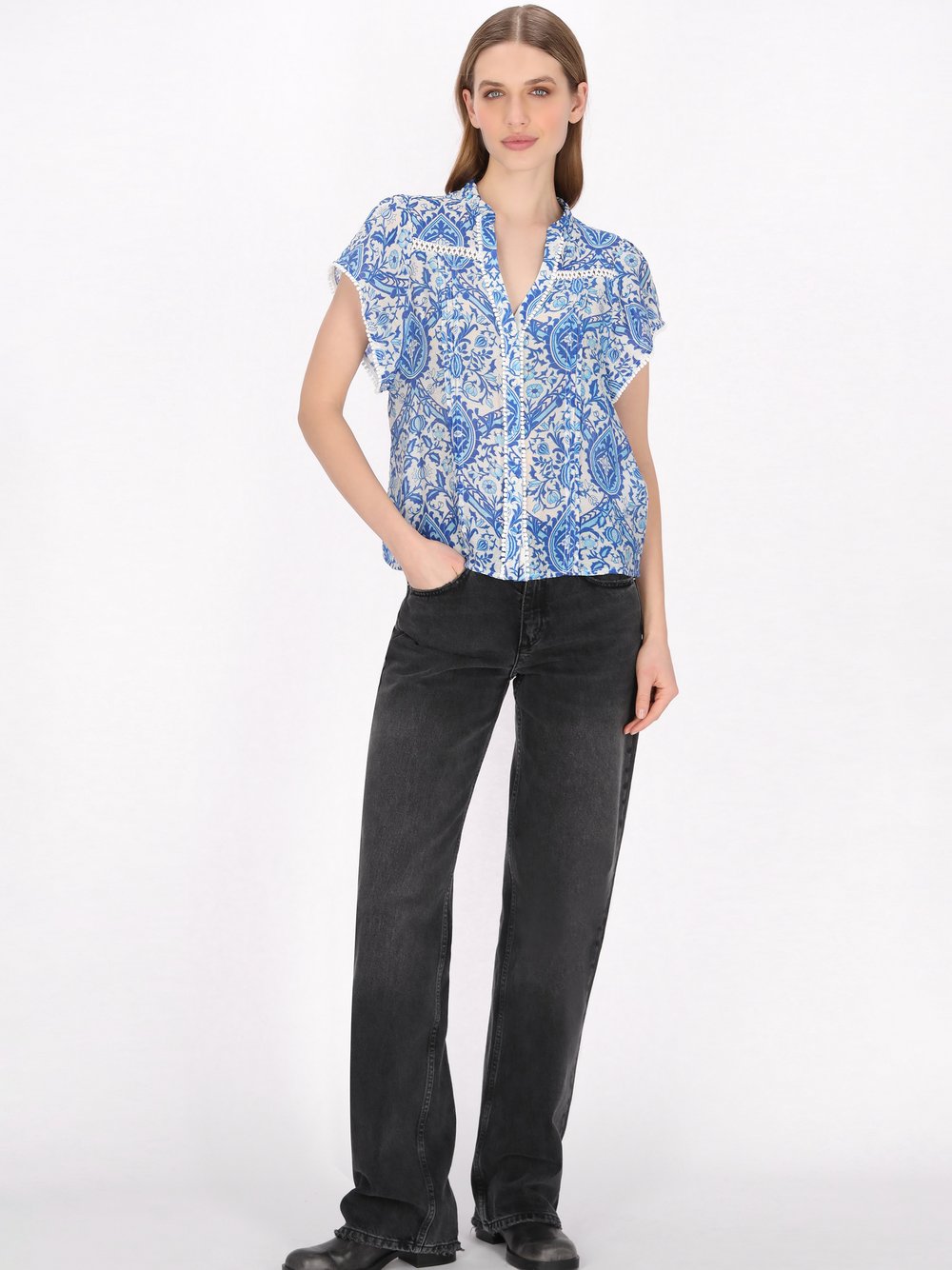 Dreimaster Bluse Damen Viskose grün bedruckt, S