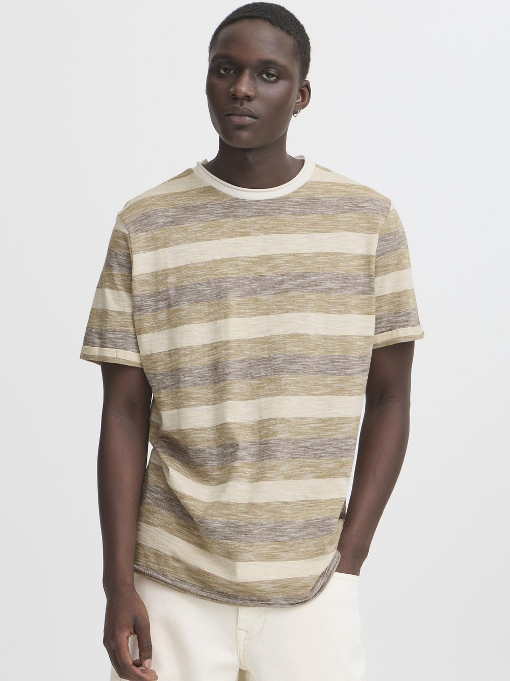BLEND Rundhalsshirt Herren Baumwolle beige gestreift, XXL