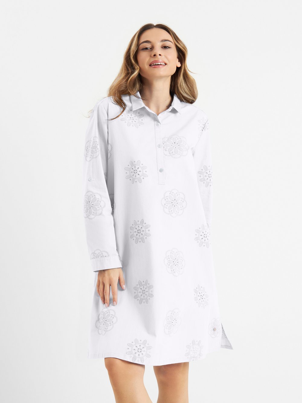 Frieda & Freddies Hemdblusenkleid Damen Baumwolle weiß gemustert, 36