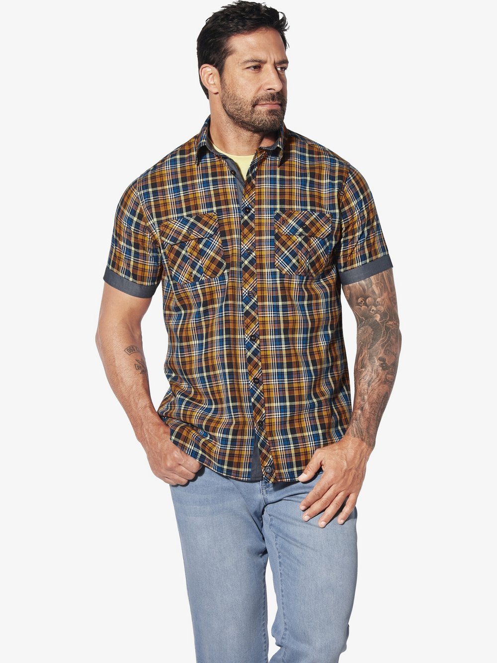 Thumbnail - Jan Vanderstorm Kurzarmhemd Herren Comfort Fit Baumwolle orange kariert, XXXXL