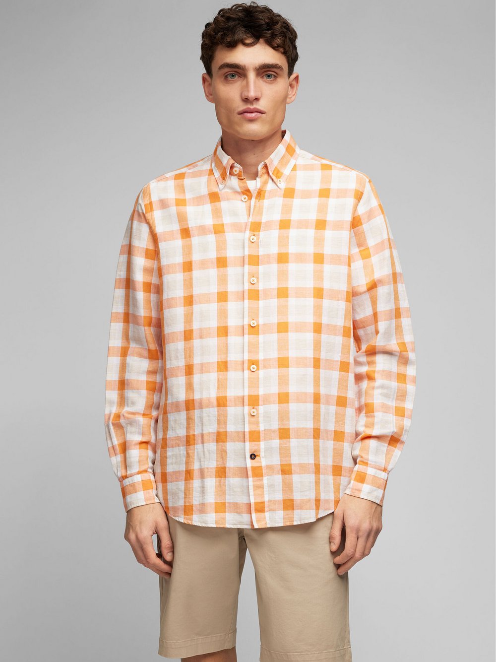 Daniel Hechter Hemd Herren Modern Fit Leinen orange kariert, L