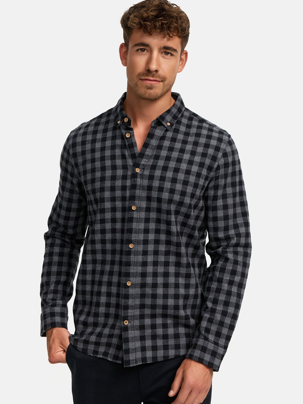 Kronstadt Hemd Langarm Herren Regular Fit Baumwolle schwarz kariert, M