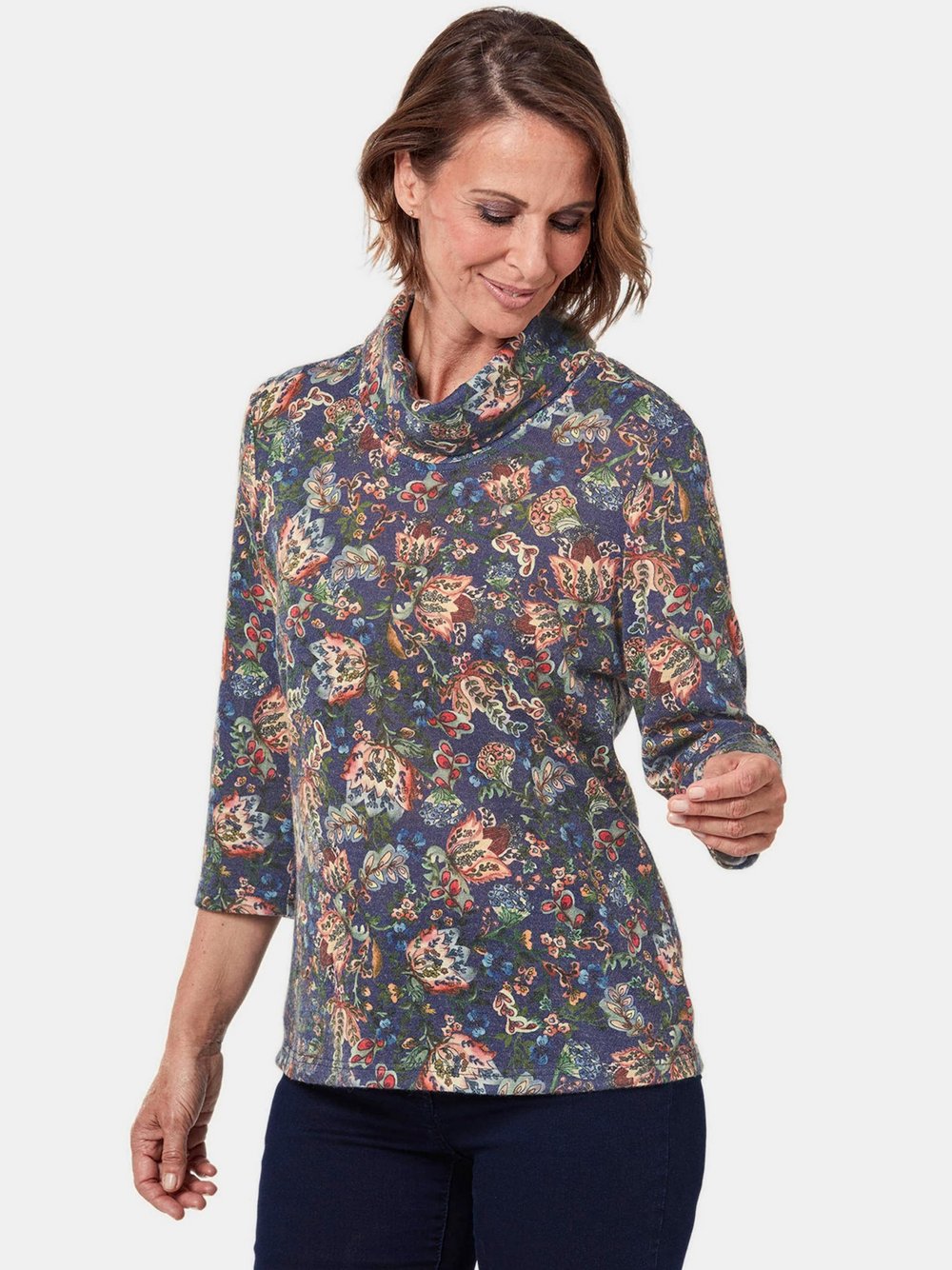 Goldner Druckshirt Damen Schurwolle blau bedruckt, 40