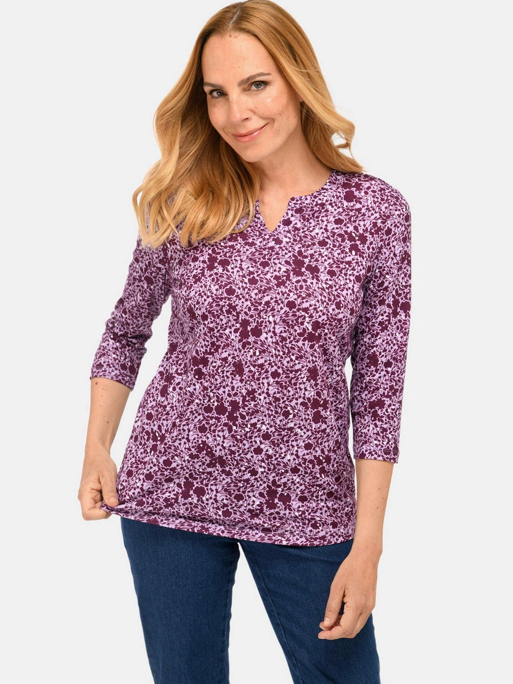 Thumbnail - Goldner Druckshirt Damen lila bedruckt, 42