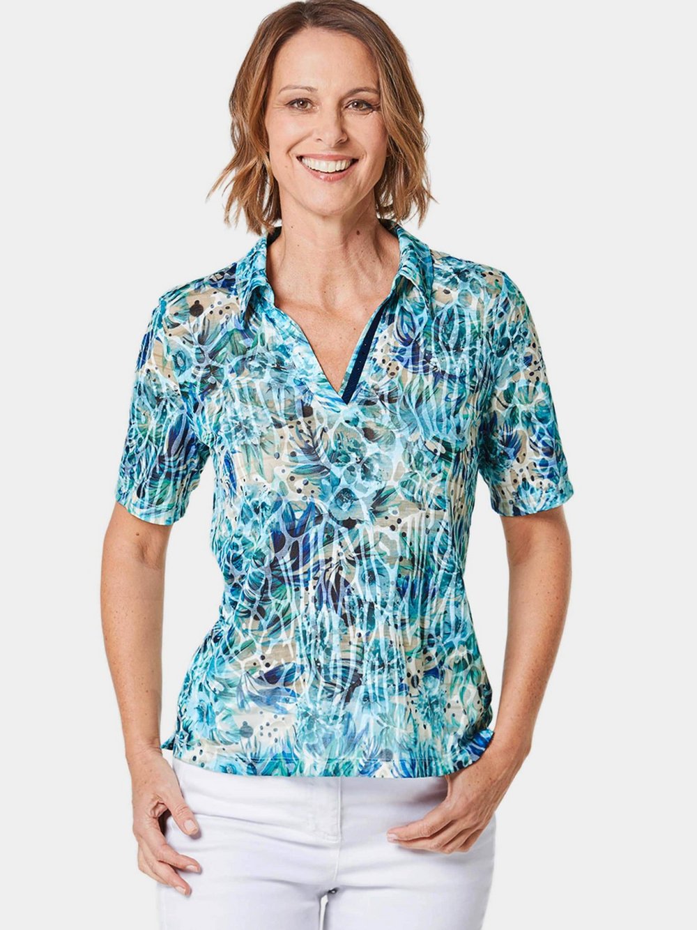 Goldner Poloshirt Damen blau gemustert, 46