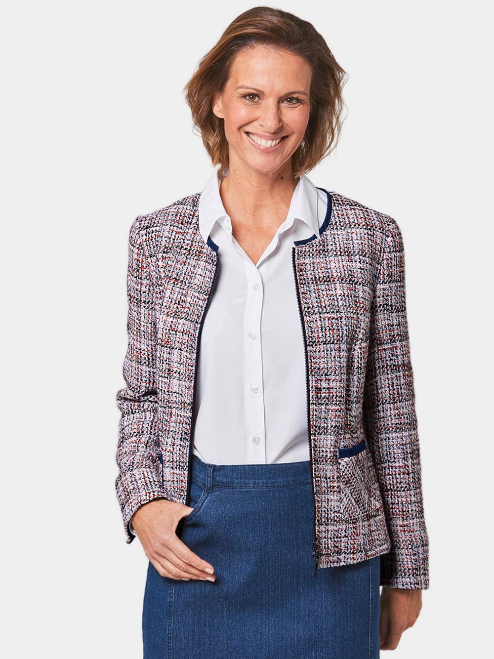 Goldner Bouclé-Blazer Damen Wolle weiß gemustert, 54