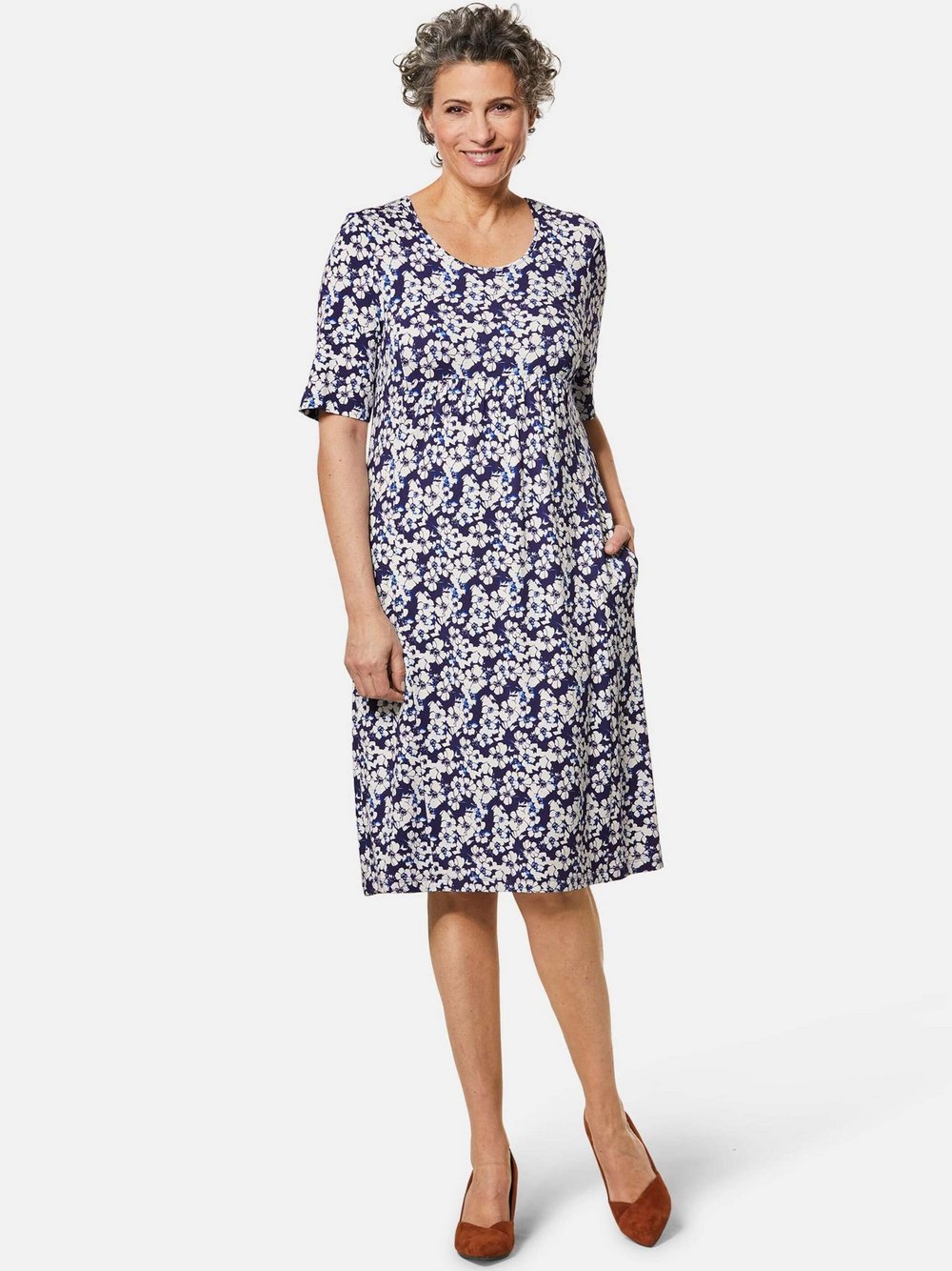 Thumbnail - Goldner Druckkleid Damen Viskose blau bedruckt, 40