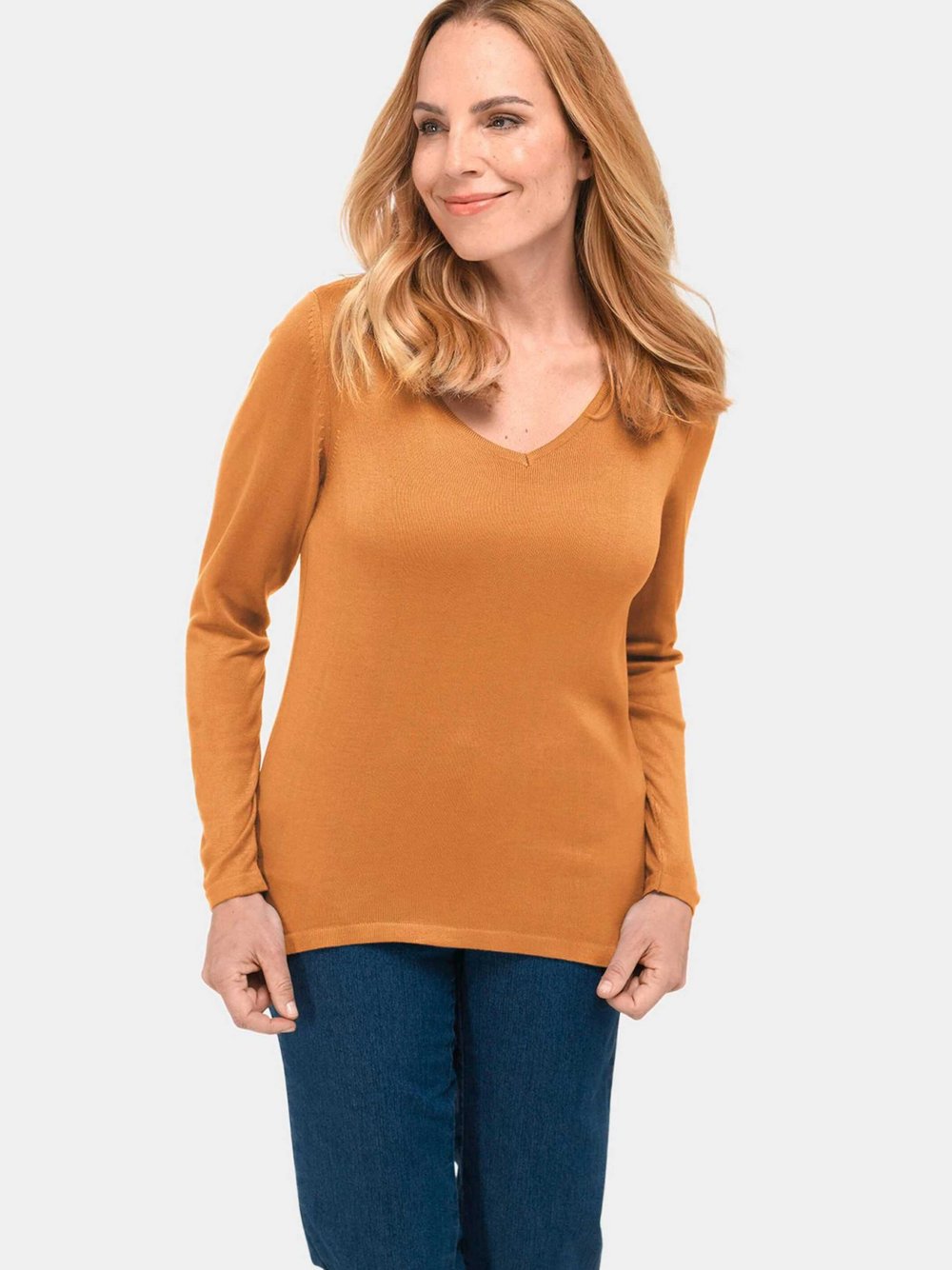 Thumbnail - Goldner V-Pullover Damen gelb, 46