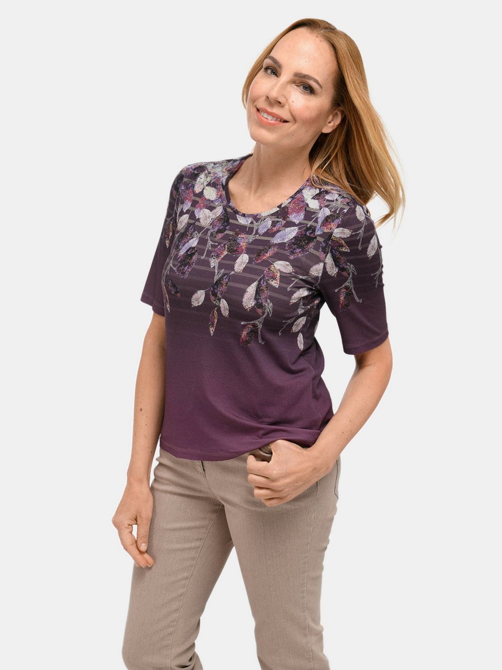 Thumbnail - Goldner Druckshirt Damen Viskose rosa bedruckt, 42