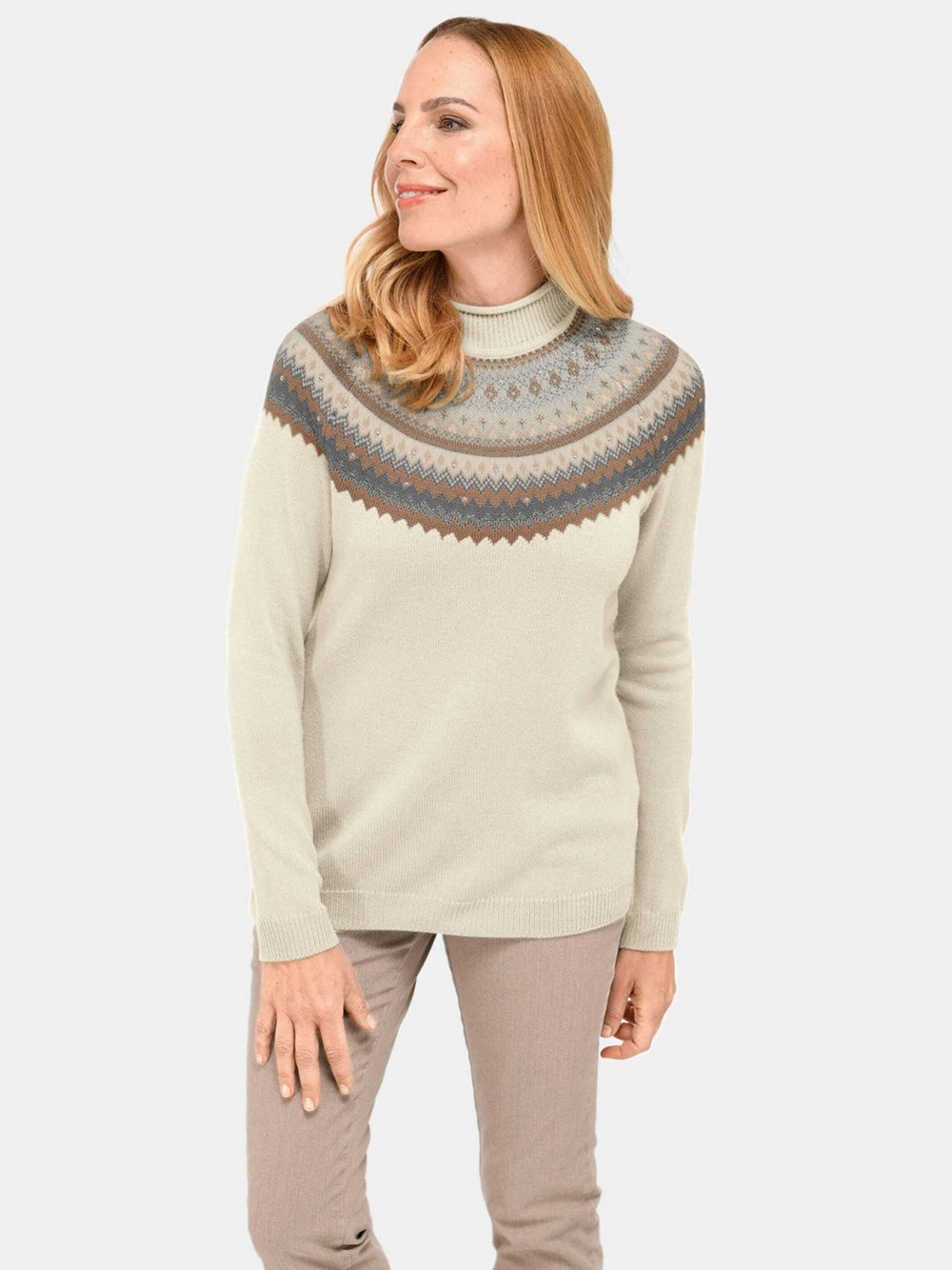 Thumbnail - Goldner Pullover Damen Schurwolle weiß gestreift, 50