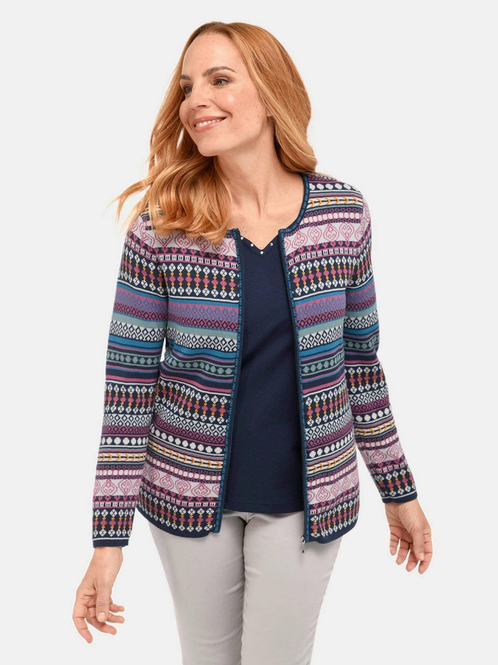 Goldner Kurzgröße: Jacquardstrickjacke mit Ringelmuster Damen Baumwolle mehrfarbig strukturiert, 20