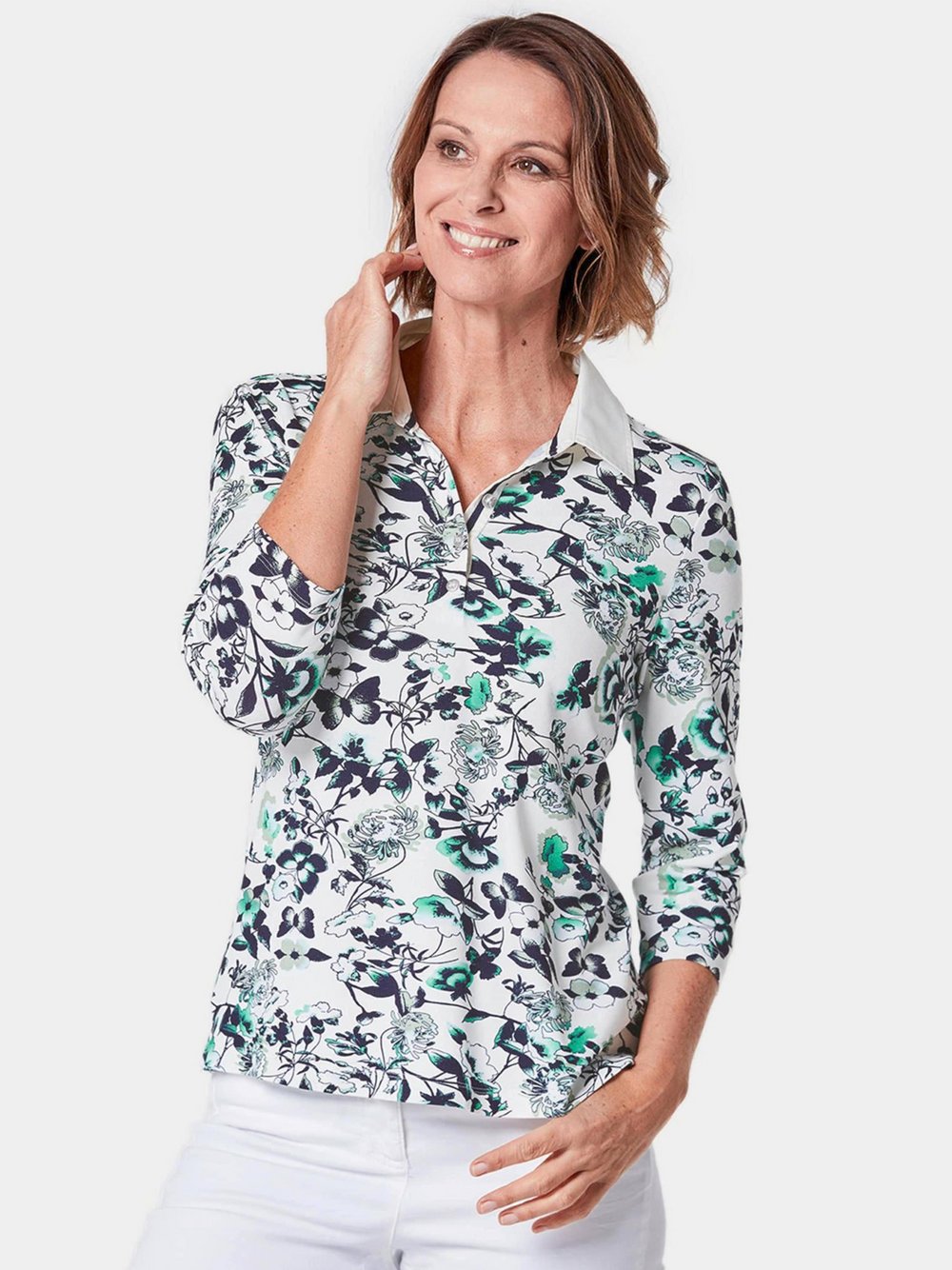 Goldner Druck-Poloshirt Damen Viskose blau gemustert, 54