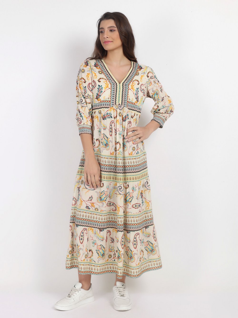 Thumbnail - Vicci Germany Maxikleid Damen Viskose beige gemustert, 42