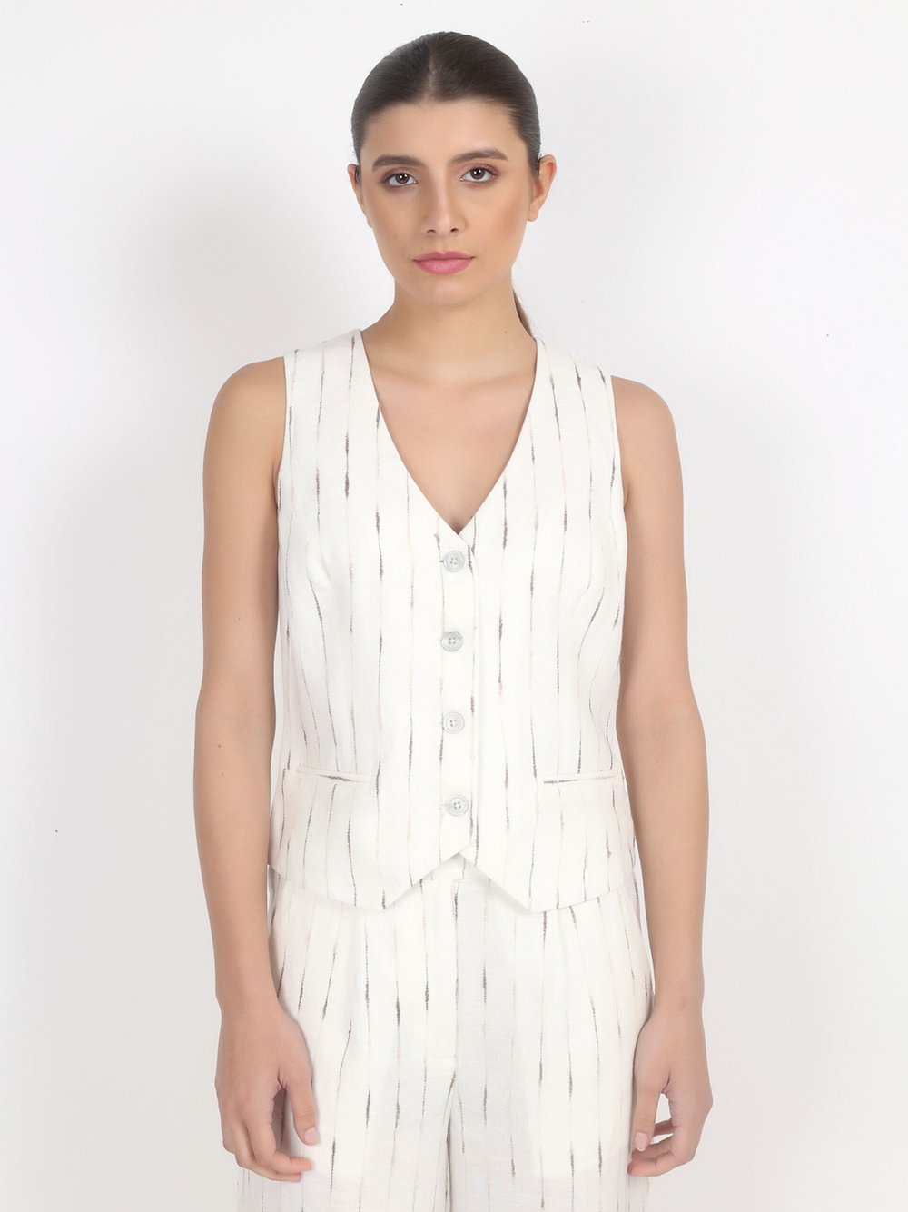 Thumbnail - Vicci Germany Blazerweste Damen Leinen beige gestreift, 44