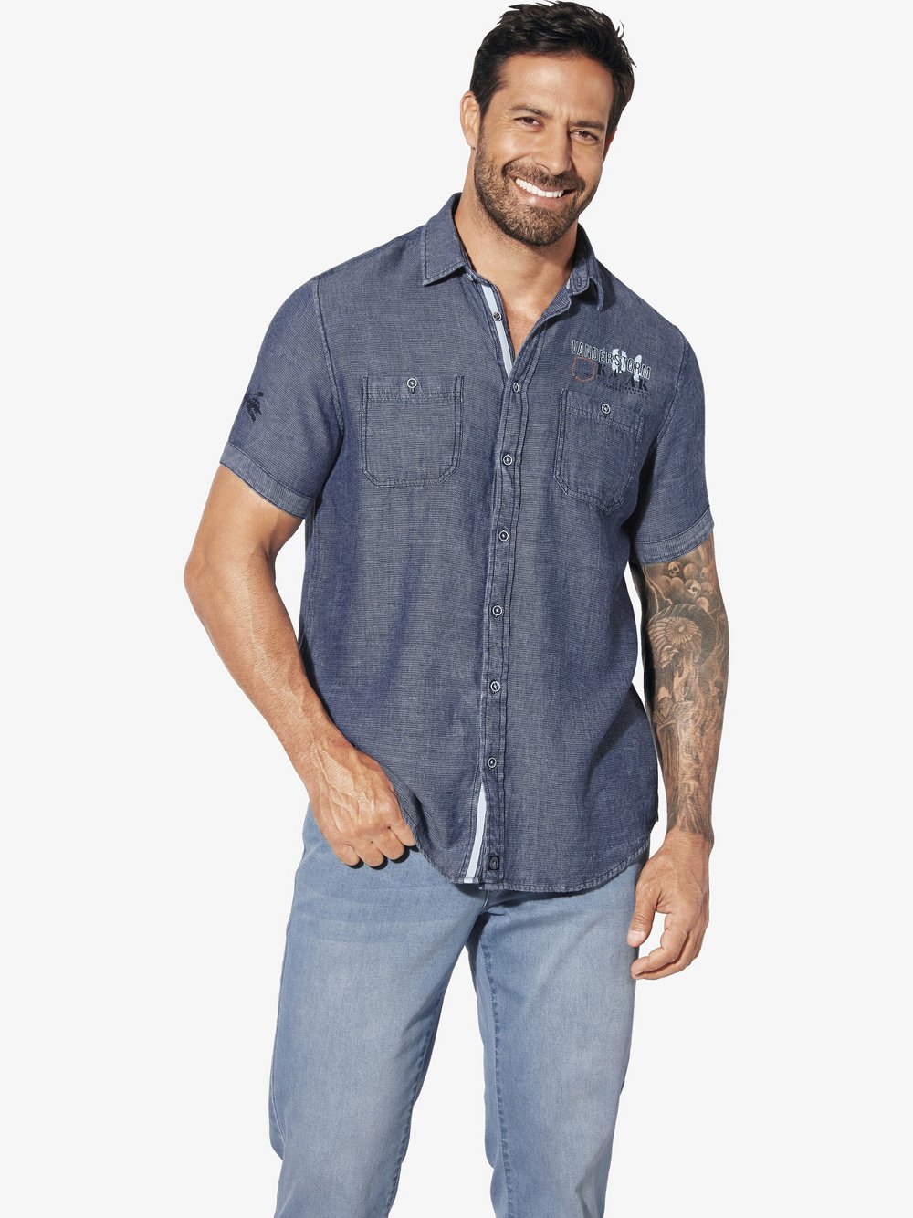 Thumbnail - Jan Vanderstorm Kurzarmhemd Herren Comfort Fit Baumwolle blau bedruckt, XXXL