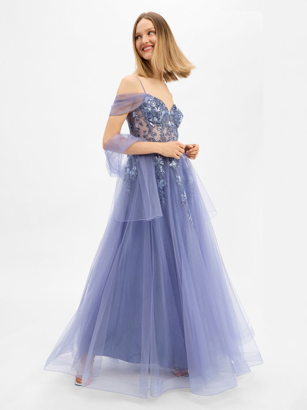 Unique Abendkleid Damen Mesh blau, 42