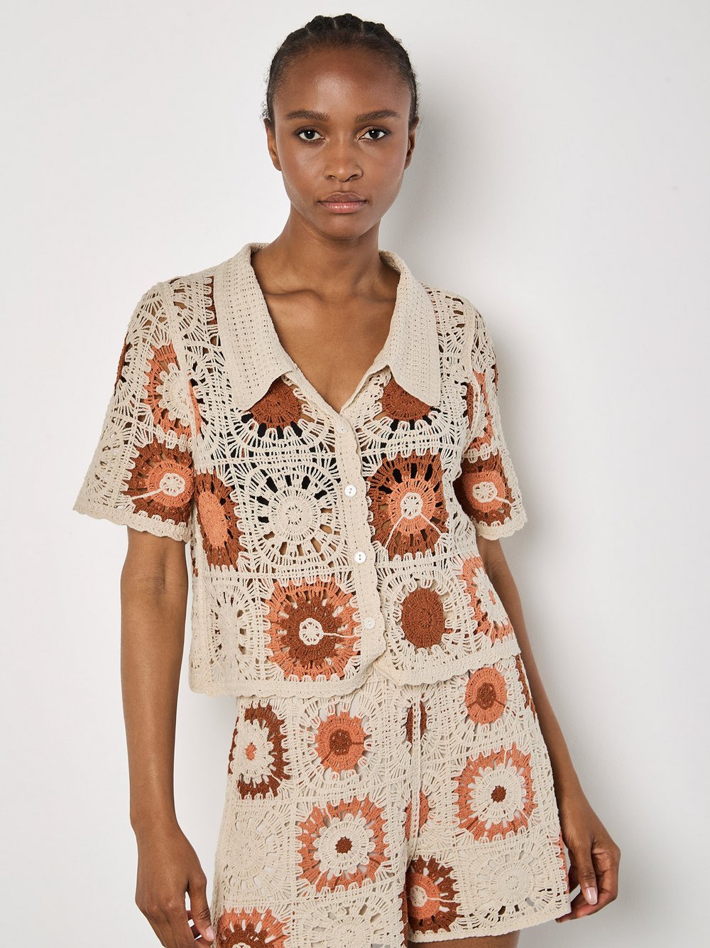 Apricot Bluse Damen Baumwolle beige bedruckt, 36