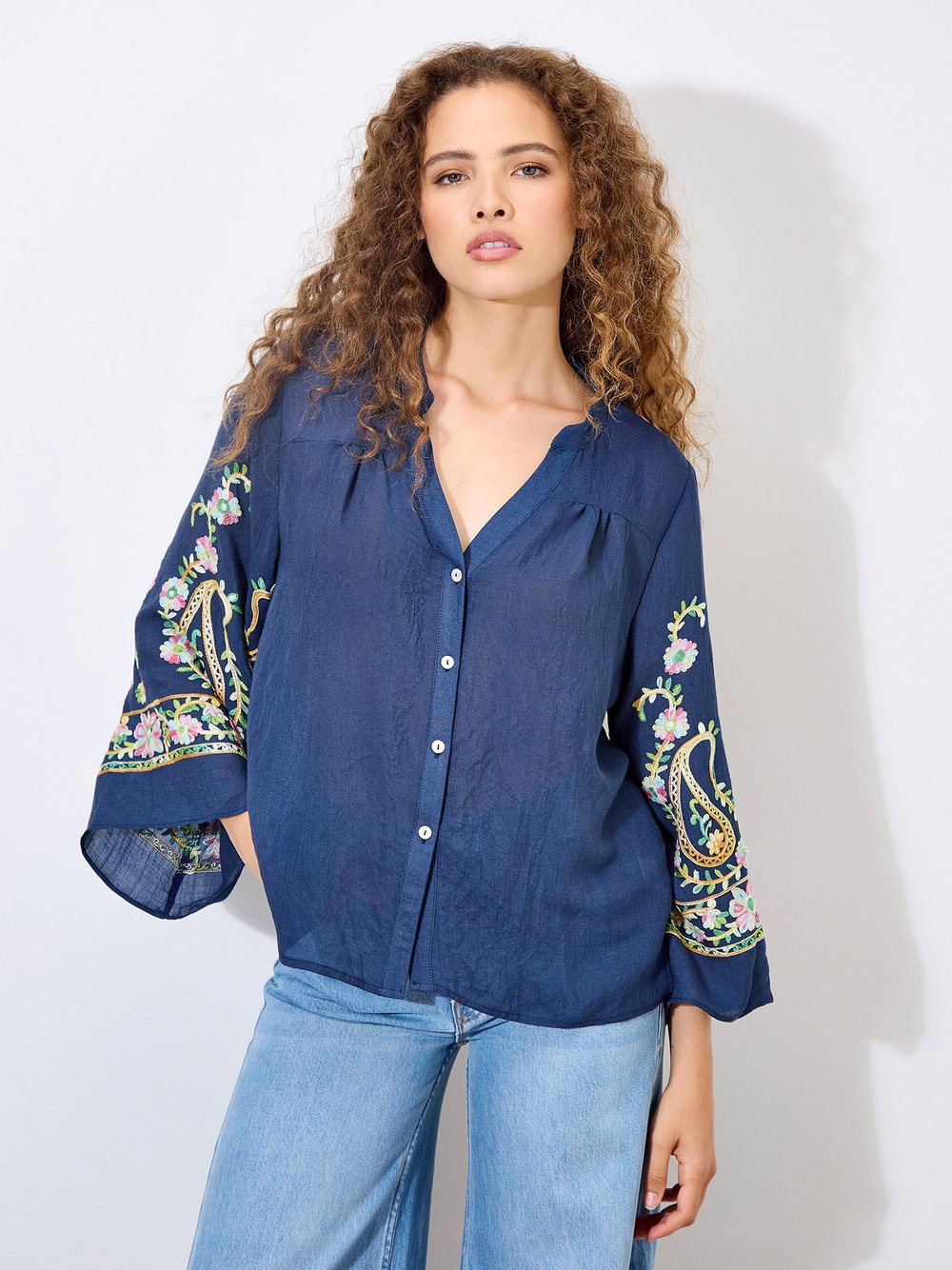 Thumbnail - Apricot Bluse Damen Viskose blau gemustert, 34