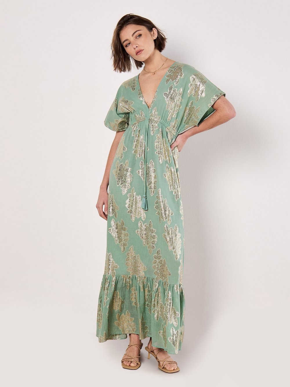 Apricot Maxikleid Damen Baumwolle grün gemustert, 36