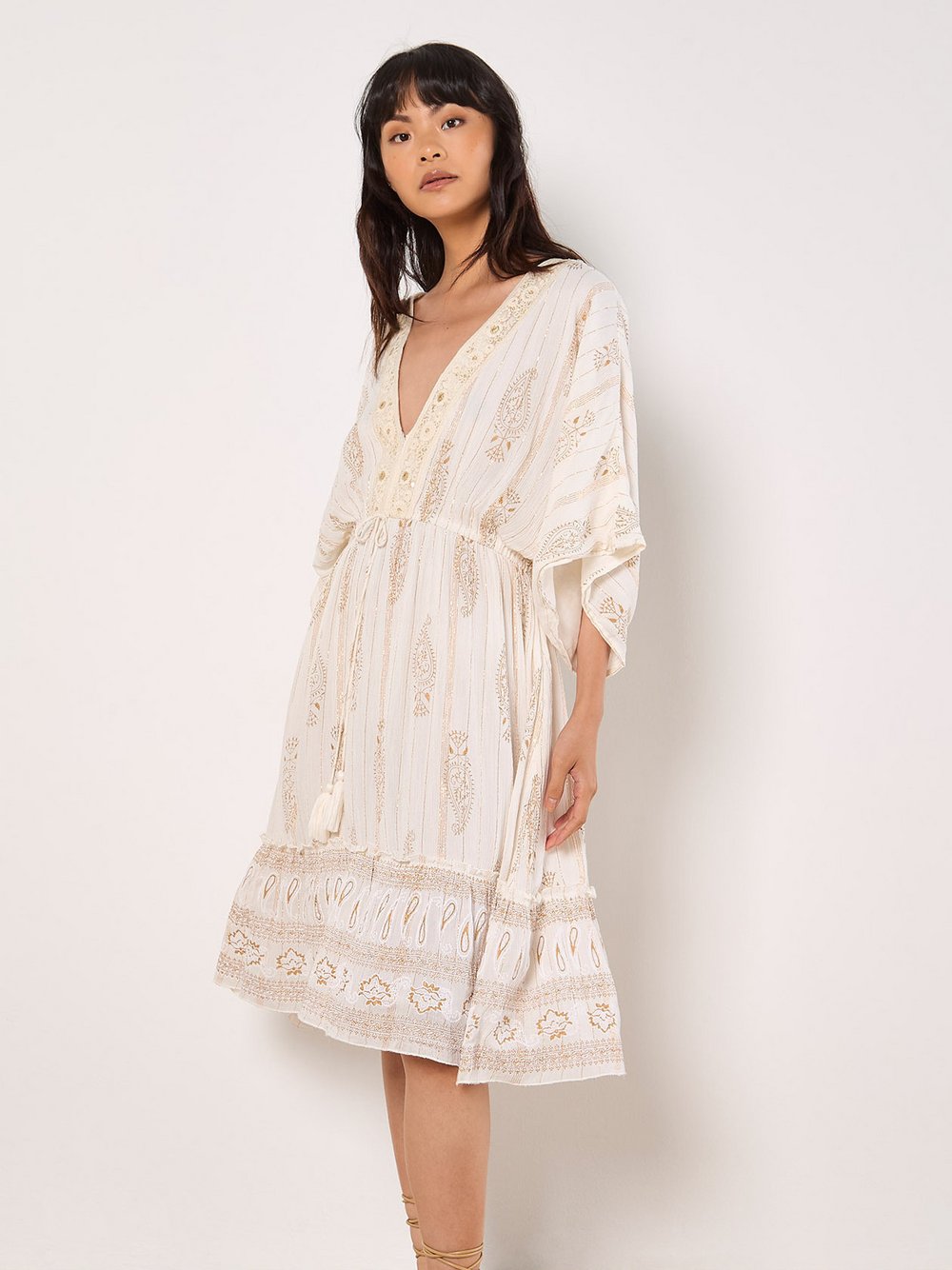 Thumbnail - Apricot Minikleid Damen Viskose beige gemustert, 40